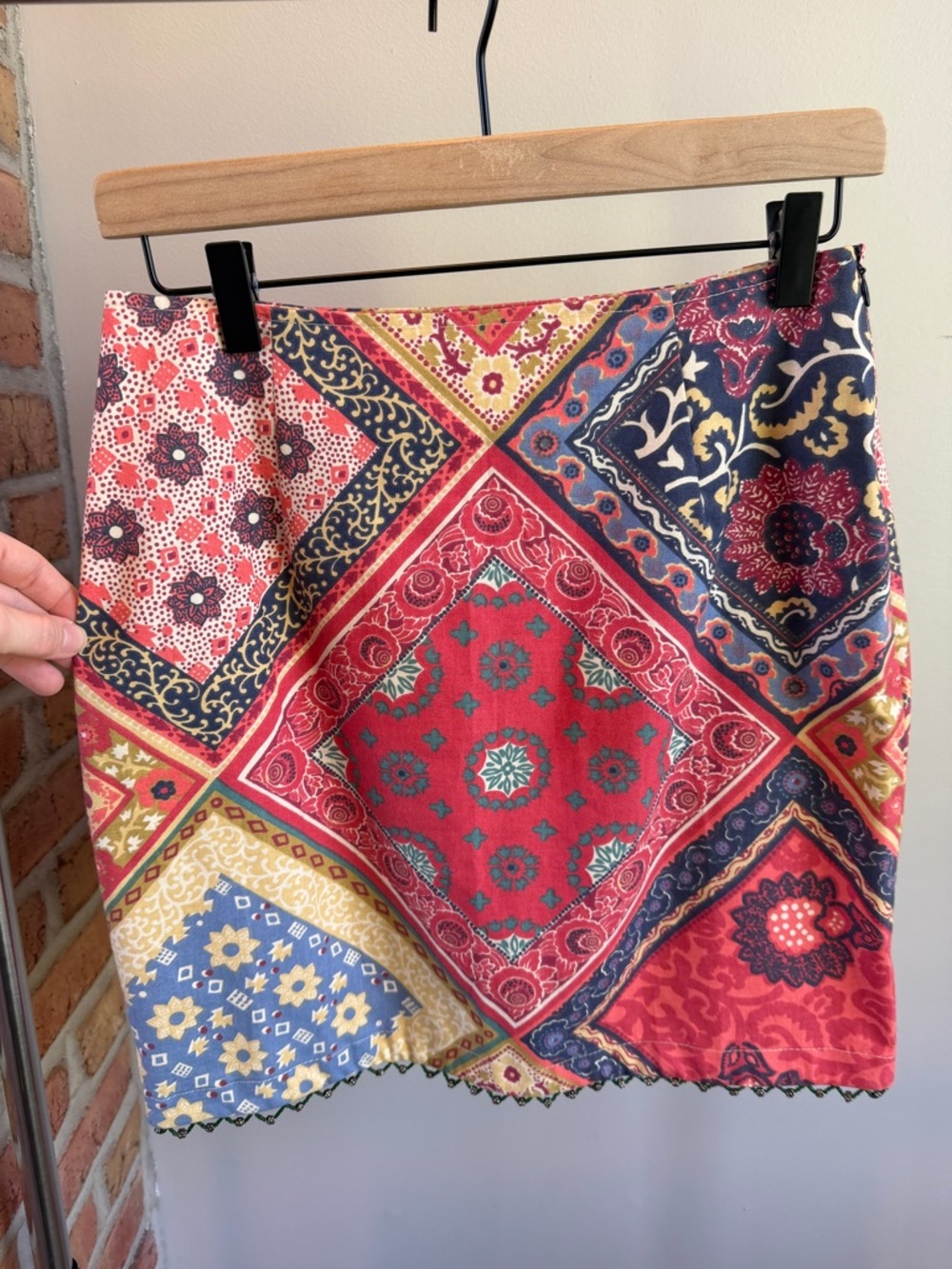 Boston Proper Women’s Red Patchwork Bandana Print Paisley Skirt with beaded hem - Picture 2 of 7